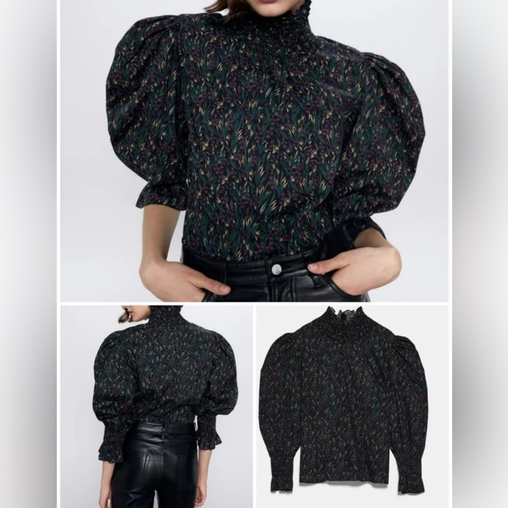 Zara Black Floral Puff-Sleeve High-Neck Blouse - Picture 10 of 10